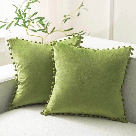 (Only Covers) Set of 2 Poms Poms Velvet Decorative Pillow Covers, Light Green - Picture 1 of 2